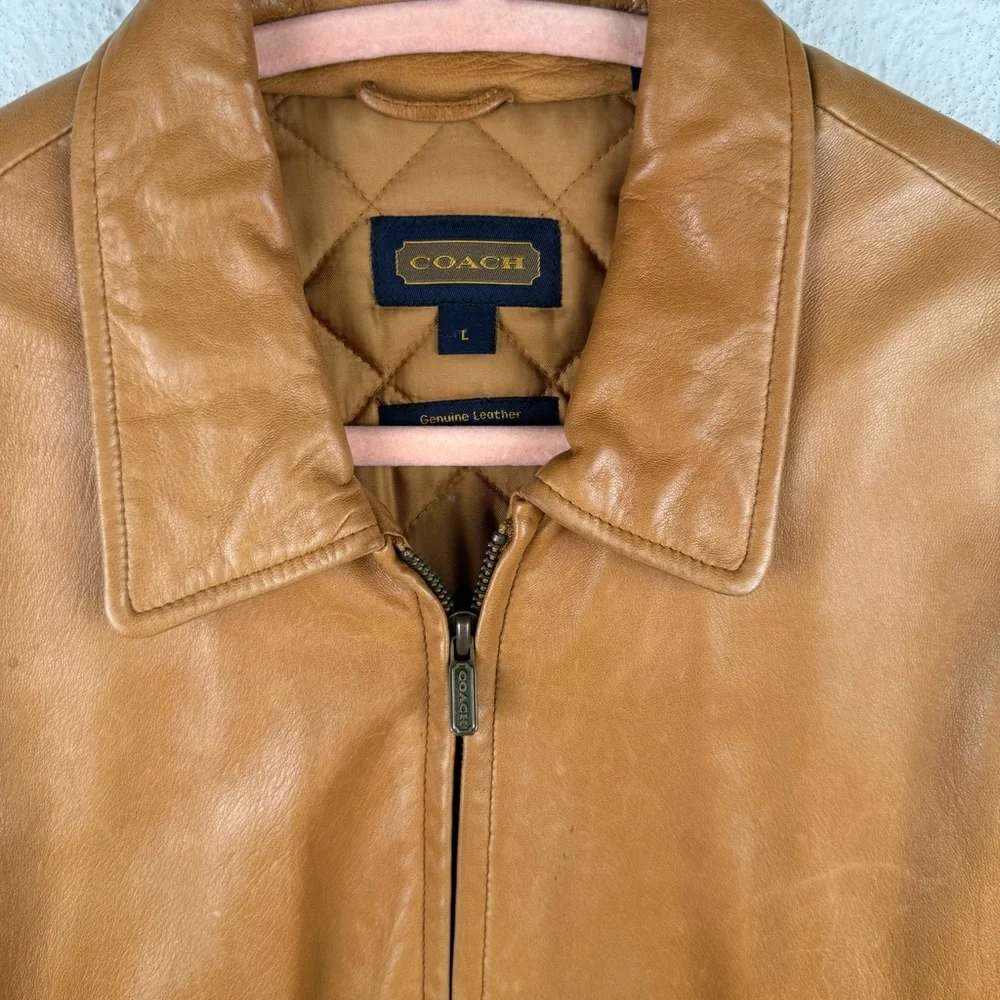 Coach Genuine Leather Jacket Tan Brown Quilted Lined Zip Front Size L